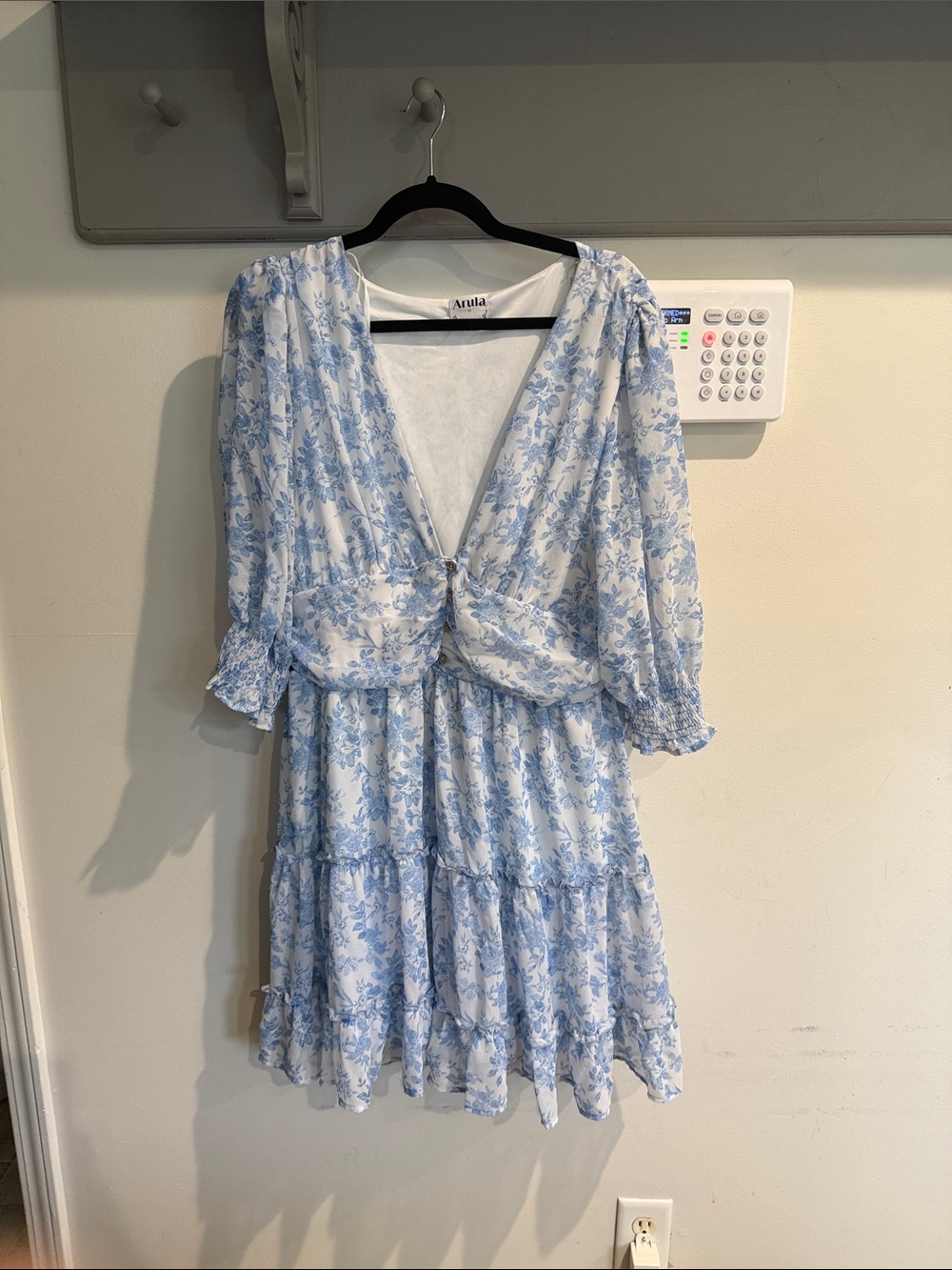 ARULA White and Light Blue Floral Knot-Front Mini Dress